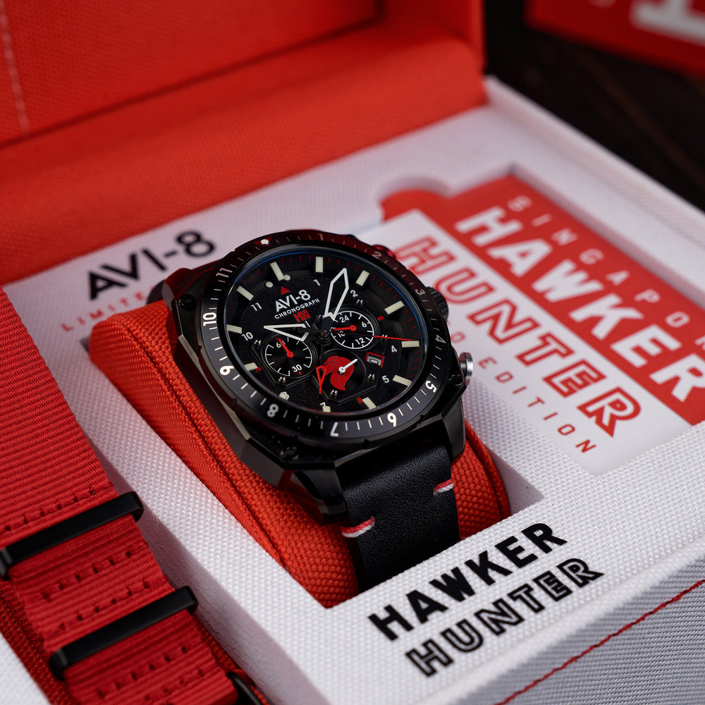 Pegasus Black Hawker Hunter Atlas Dual Time Chronograph Singapore Air Force Limited Edition AVI 8 Timepieces