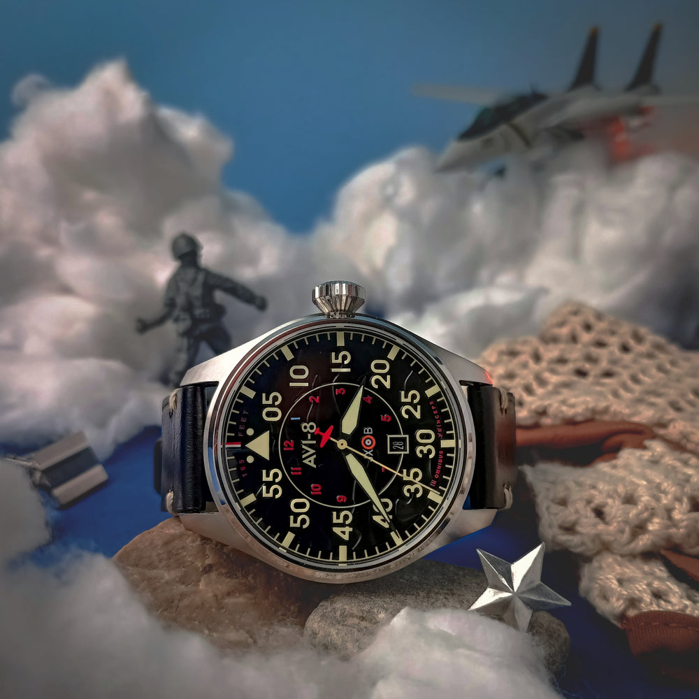 AVI-8 Mens 46mm Hawker Hurricane Clowes Automatic Kenley Pilot Watch with Genuine Leather Strap AV-4097-03 AVI-8 Mens 46mm Hawker Hurricane Clowes Automatic Kenley Pilot Watch with Genuine Leather Strap AV-4097-03
